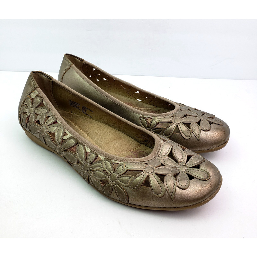Earth Spirit Womens Size 10 Tan Gold Floral Design Slip On Ballet Flats Shoes